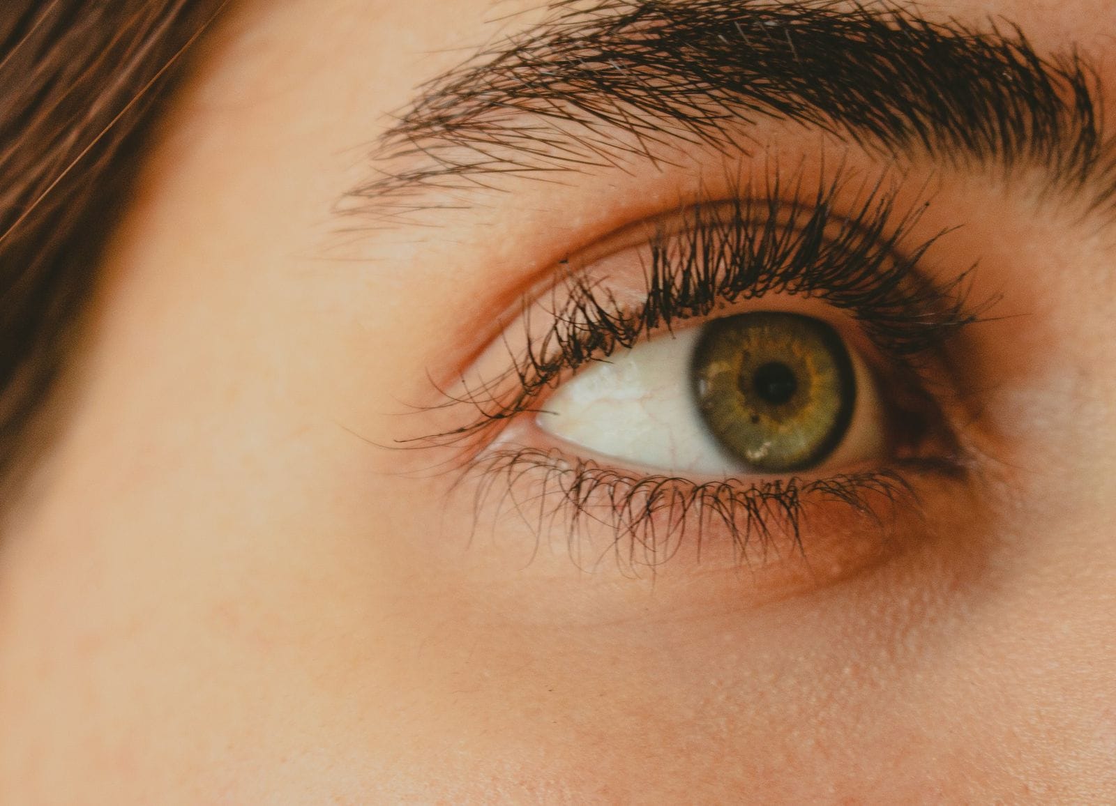 Close-up of a softly styled lash line on a hazel eye